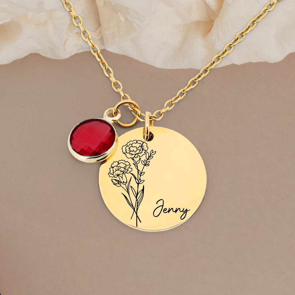 Birth Month Flower - Personalized Birthstone Necklace