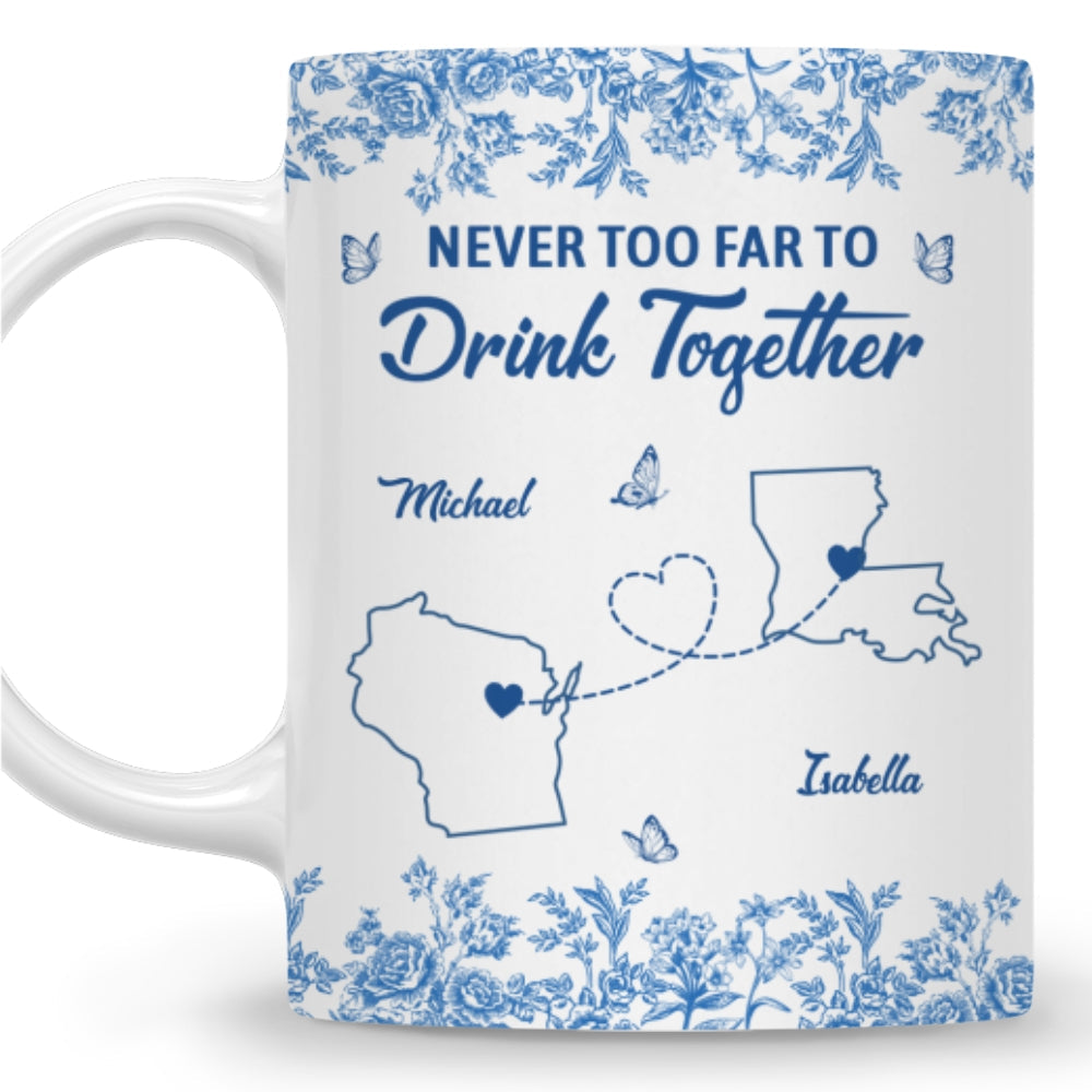Custom Best Friend, Christmas & Birthday Friendship Keepsake Gift • Never Too Far Toile Version - Personalized Coffee Mug