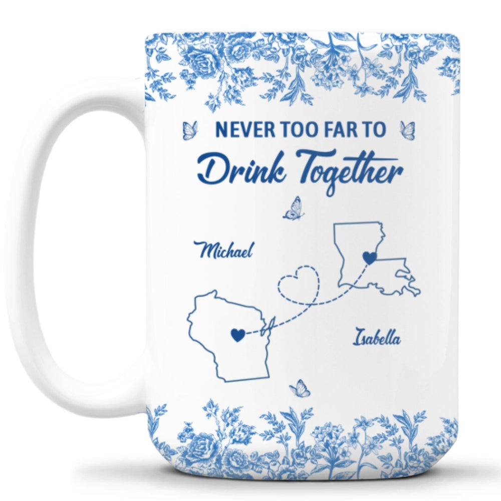 Custom Best Friend, Christmas & Birthday Friendship Keepsake Gift • Never Too Far Toile Version - Personalized Coffee Mug