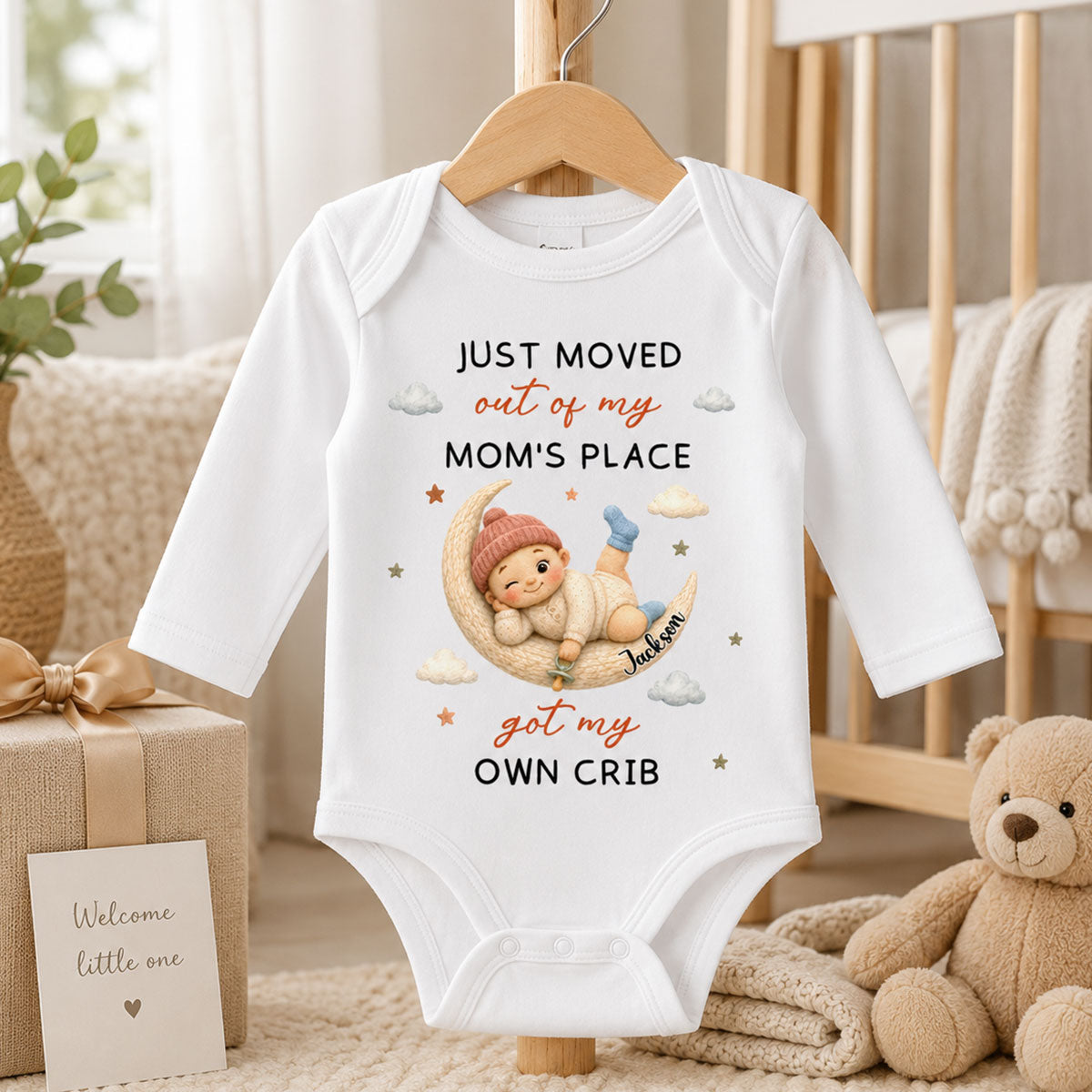 Just Moved Out Of My Mom Place - Personalized Long Sleeve Baby Onesie