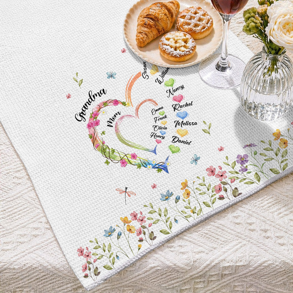 Custom Names Kitchen Towel, Mother's Day Birthday Gift For Mom Mother • Grandma Heart - Personalized Kitchen Towel