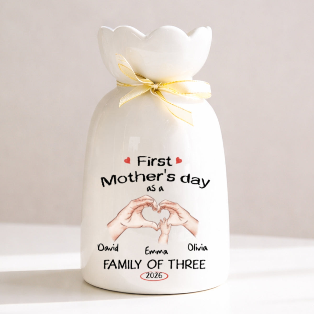 As A Family Of Three - Personalized Ribbon Tie Flower Vase