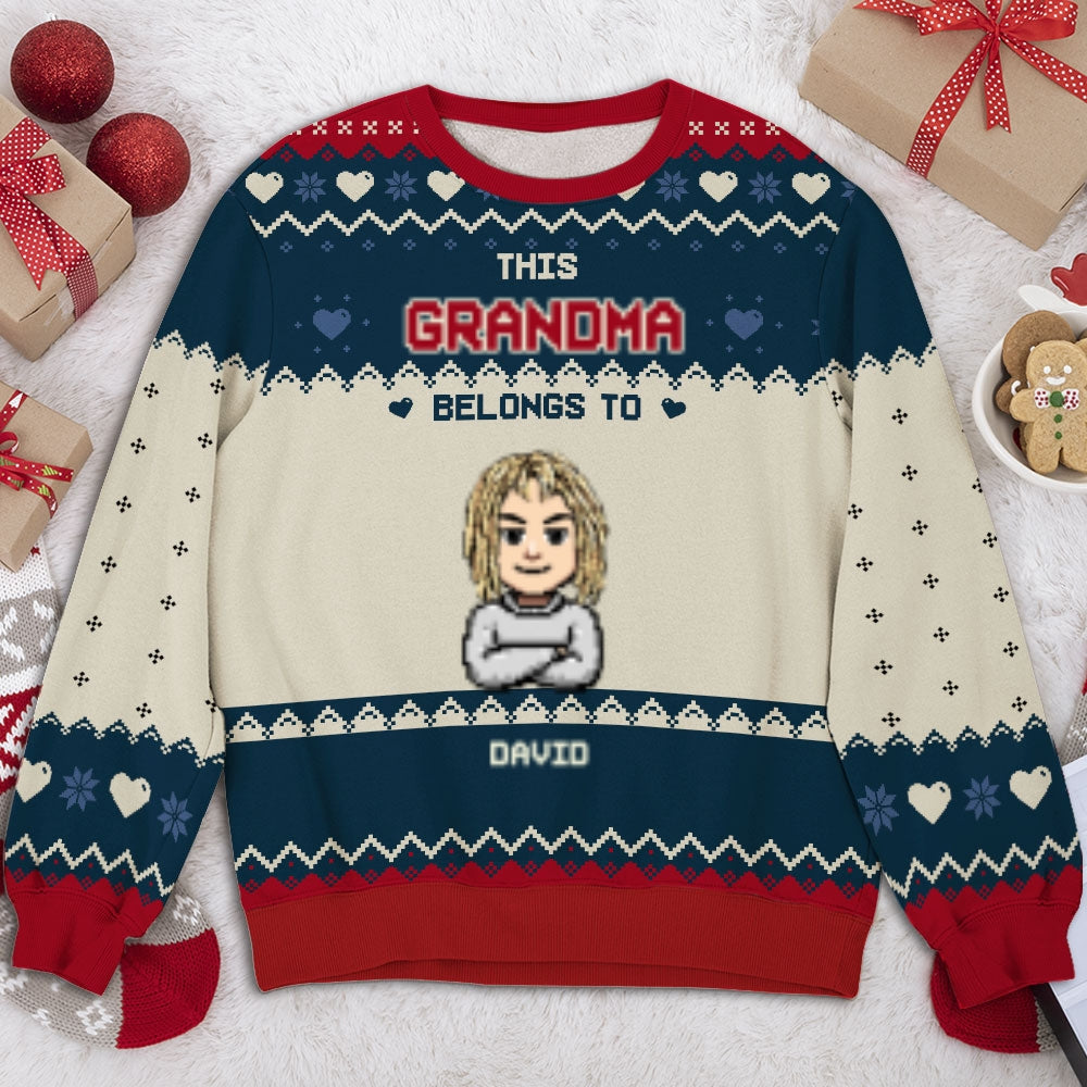 Custom Grandma Christmas Sweatshirt, Gift for Mothers • This Grandma Mom Belongs To Pixel - Personalized All-Over-Print Sweatshirt