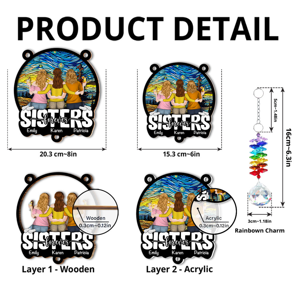 Custom Family Name Hanging Decor, Christmas Birthday Gift •  Besties Sitting Together - Personalized Suncatcher With Crystal Rainbow Charm