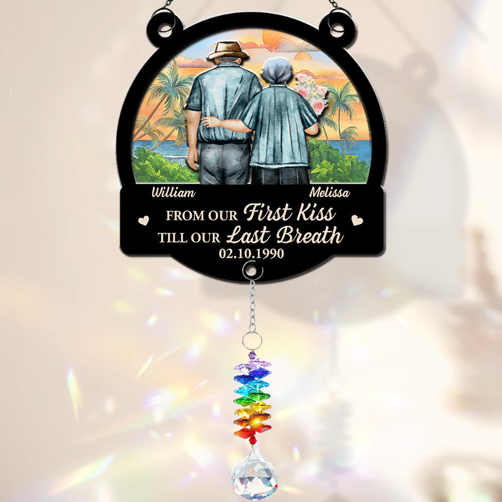 Custom Couple Hanging Decor, Anniversary Valentine's Day Gifts • From Our First Kiss - Personalized Suncatcher With Crystal Rainbow Charm