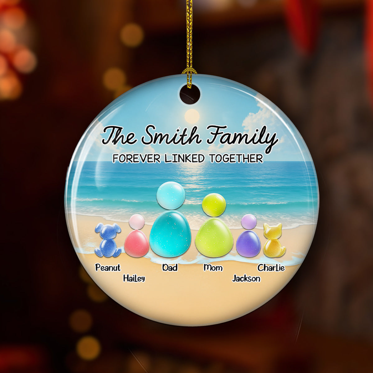 Custom Family Ornament, Christmas Gift for Family Members •  Sea Glass Family With Pet - Personalized 3D Inflated Effect Ceramic Ornament