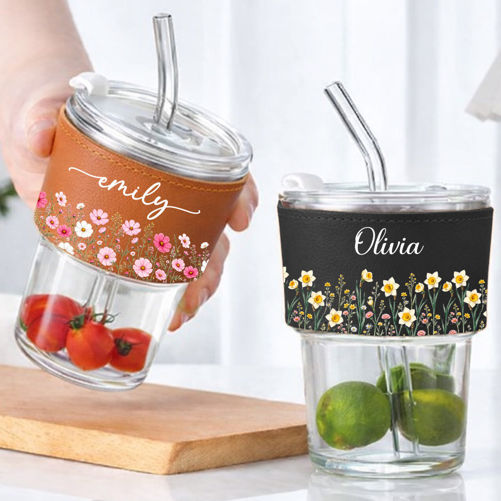 Birth Flower - Personalized Leather Glass Cup