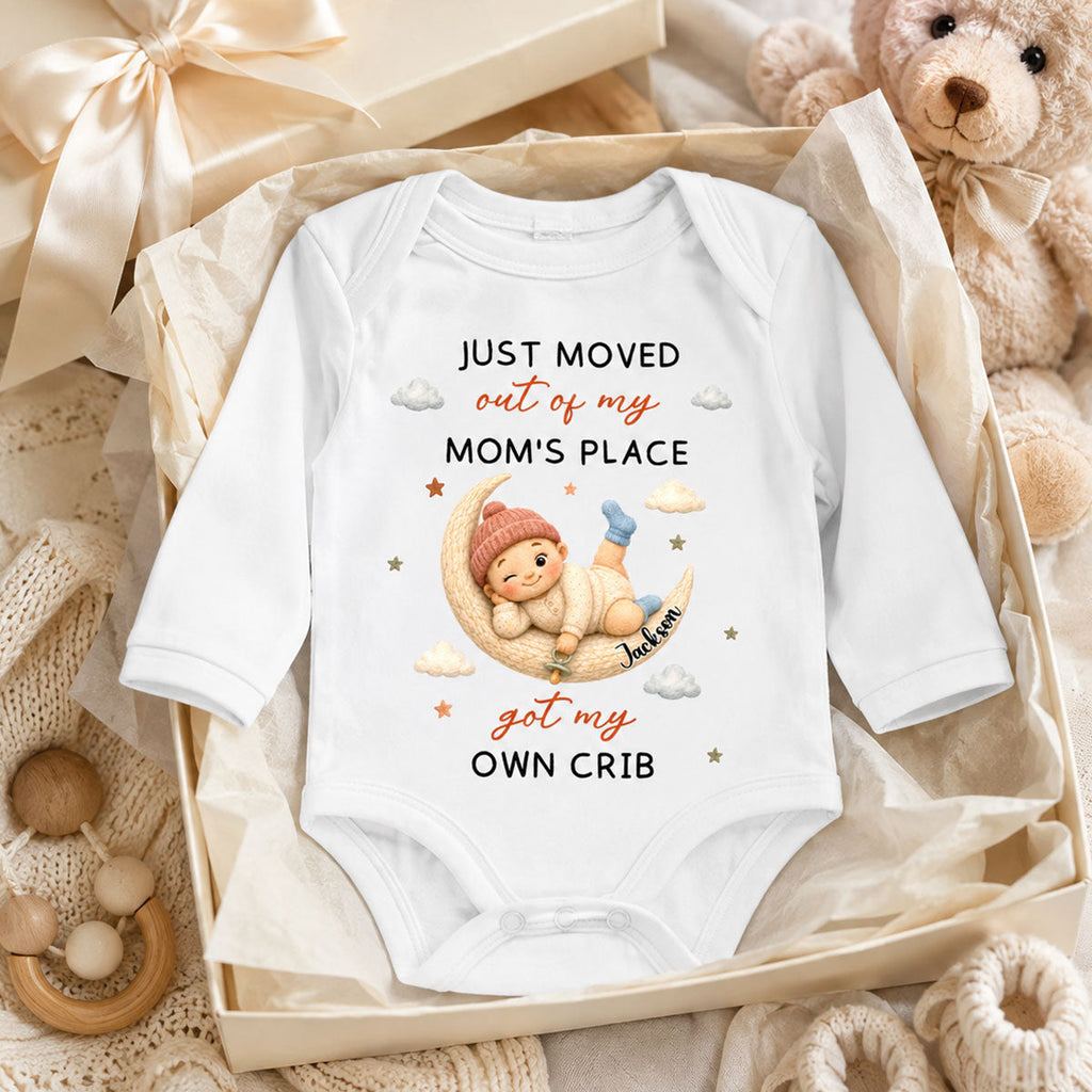 Just Moved Out Of My Mom Place - Personalized Long Sleeve Baby Onesie