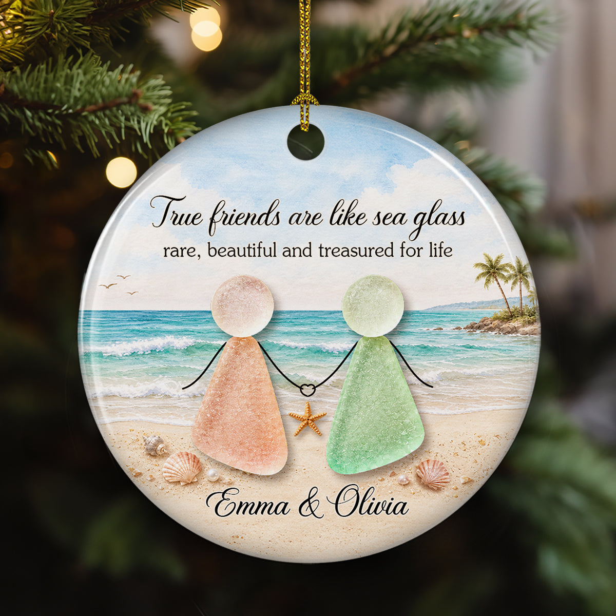 Custom Friendship Christmas Ornament, Best Friend Gift •  Sea Glass Friends - Personalized Ceramic Ornament
