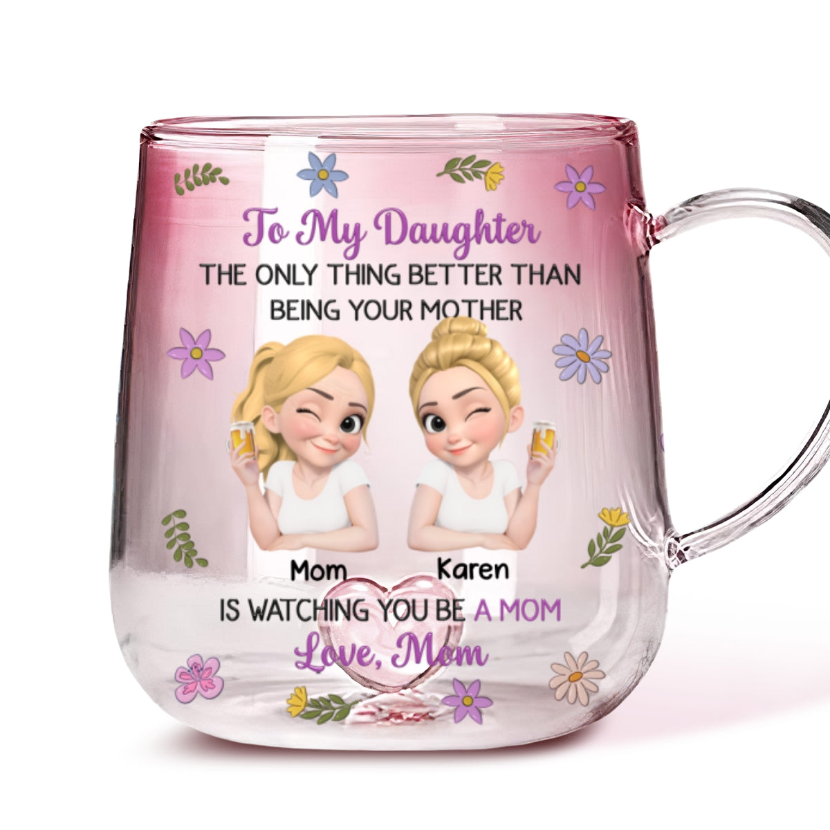 Custom Mother's Day Gift for Daughter • Linked Together Cartoon - Personalized Pink Gradient Glass Mug