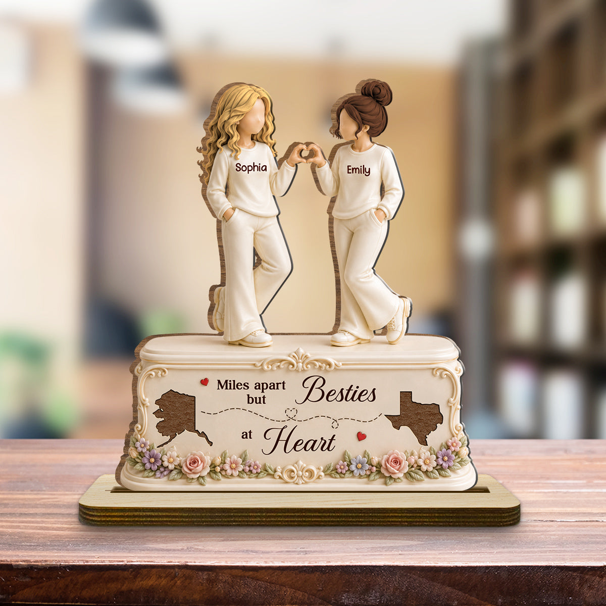 Custom Friendship Decor, Christmas Birthday Gifts For Best Friend • Friendship Across Miles - Personalized 2-Layer Wood Plaque With Flat Base