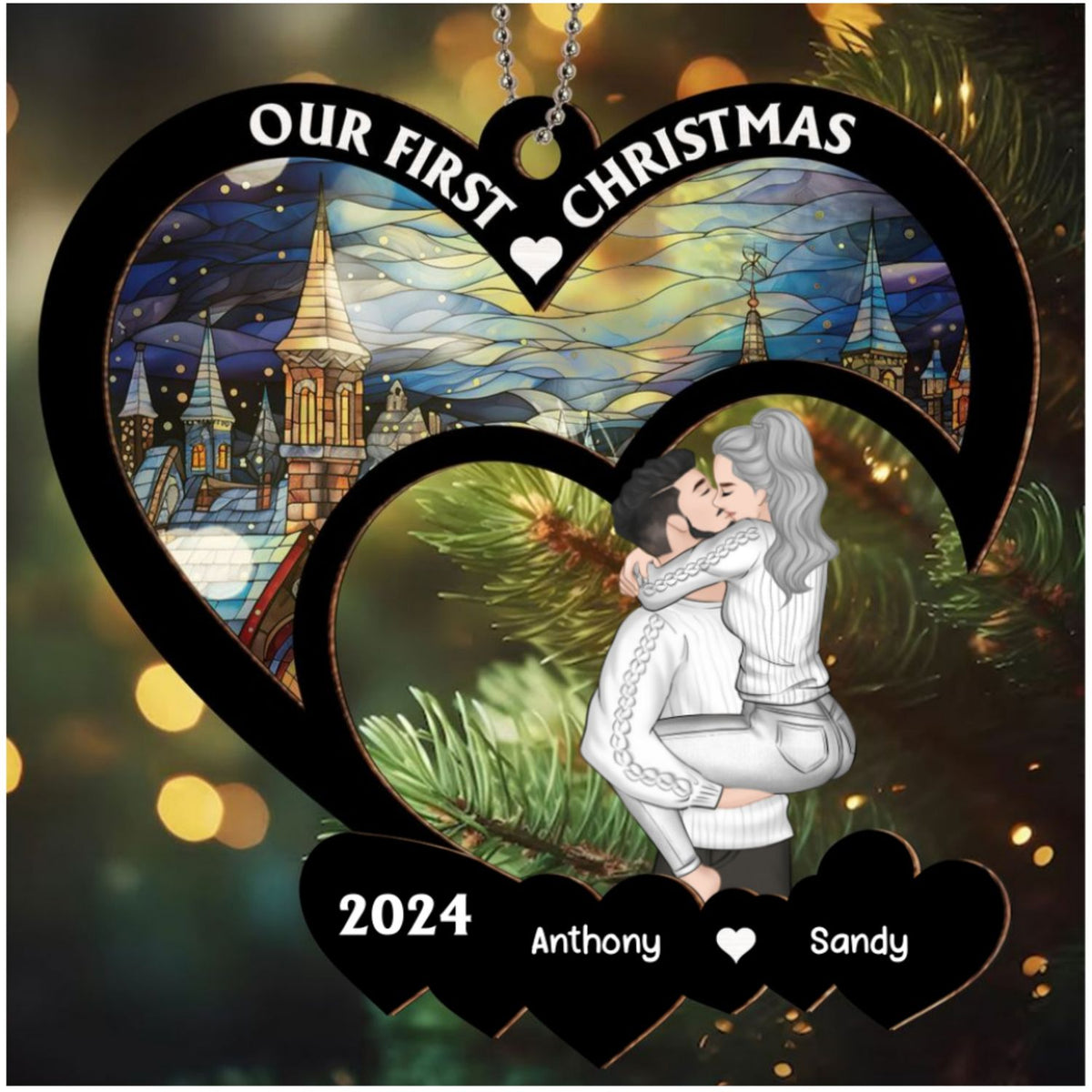 Custom First Christmas Ornament Married, Gift for Newlyweds •  Our First Christmas - Personalized Suncatcher Ornament