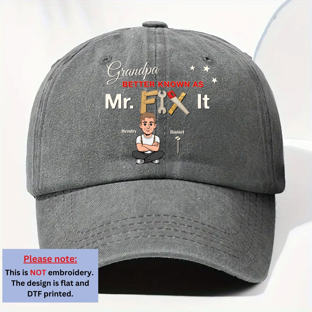 Custom Christmas Headwear Birthday Gifts for Grandpa • Mr Fix It - Personalized Vintage Washed Denim Cap
