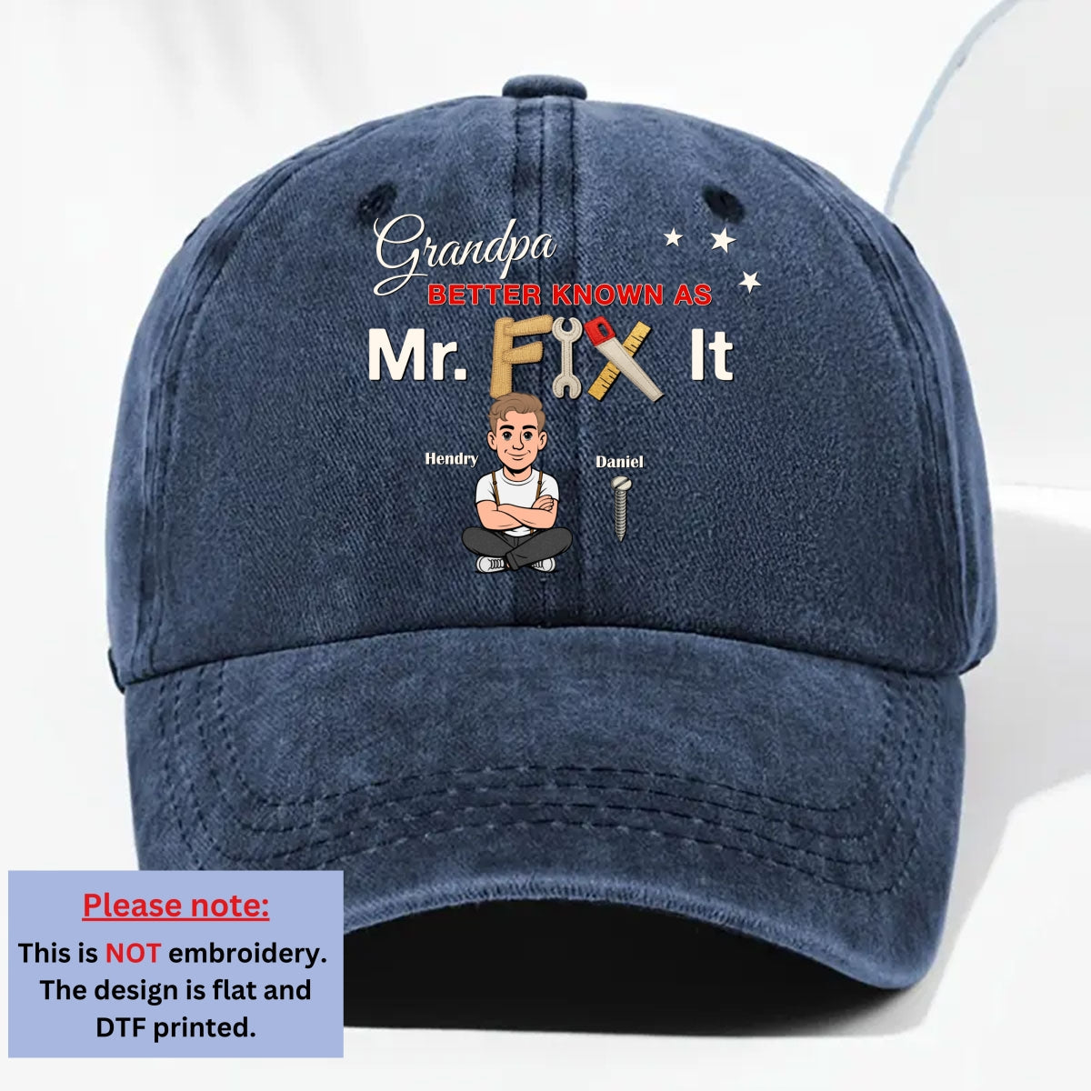 Custom Christmas Headwear Birthday Gifts for Grandpa • Mr Fix It - Personalized Vintage Washed Denim Cap