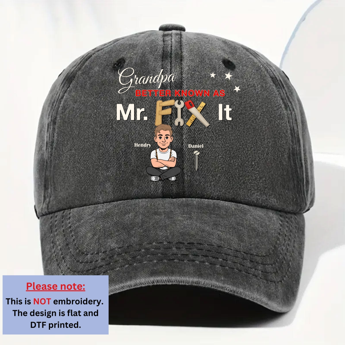 Custom Christmas Headwear Birthday Gifts for Grandpa • Mr Fix It - Personalized Vintage Washed Denim Cap
