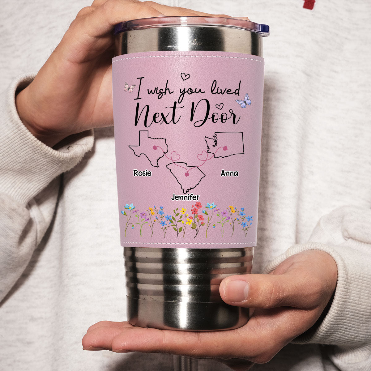 Custom Christmas Birthday Gifts For Best Friend • I Wish We Lived Closer - Personalized Pink Leather Tumbler