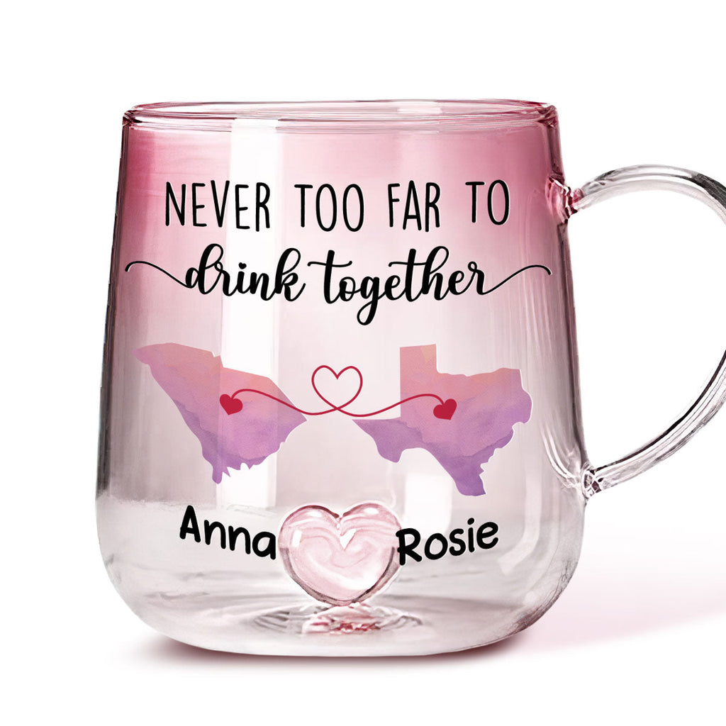 Custom Best Friend, Christmas & Birthday Friendship Keepsake Gift • Never Too Far To Cheer With You - Personalized Pink Gradient Glass Mug
