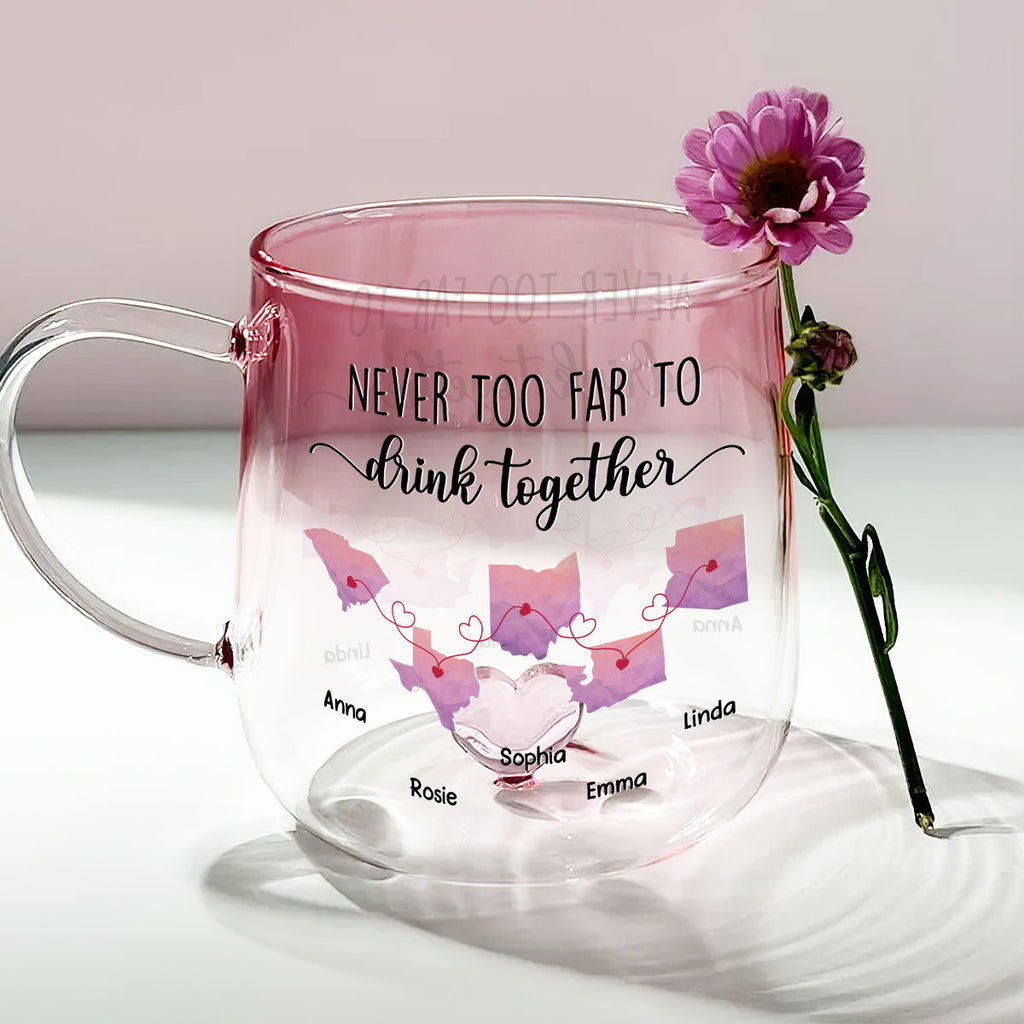Custom Best Friend, Christmas & Birthday Friendship Keepsake Gift • Never Too Far To Cheer With You - Personalized Pink Gradient Glass Mug