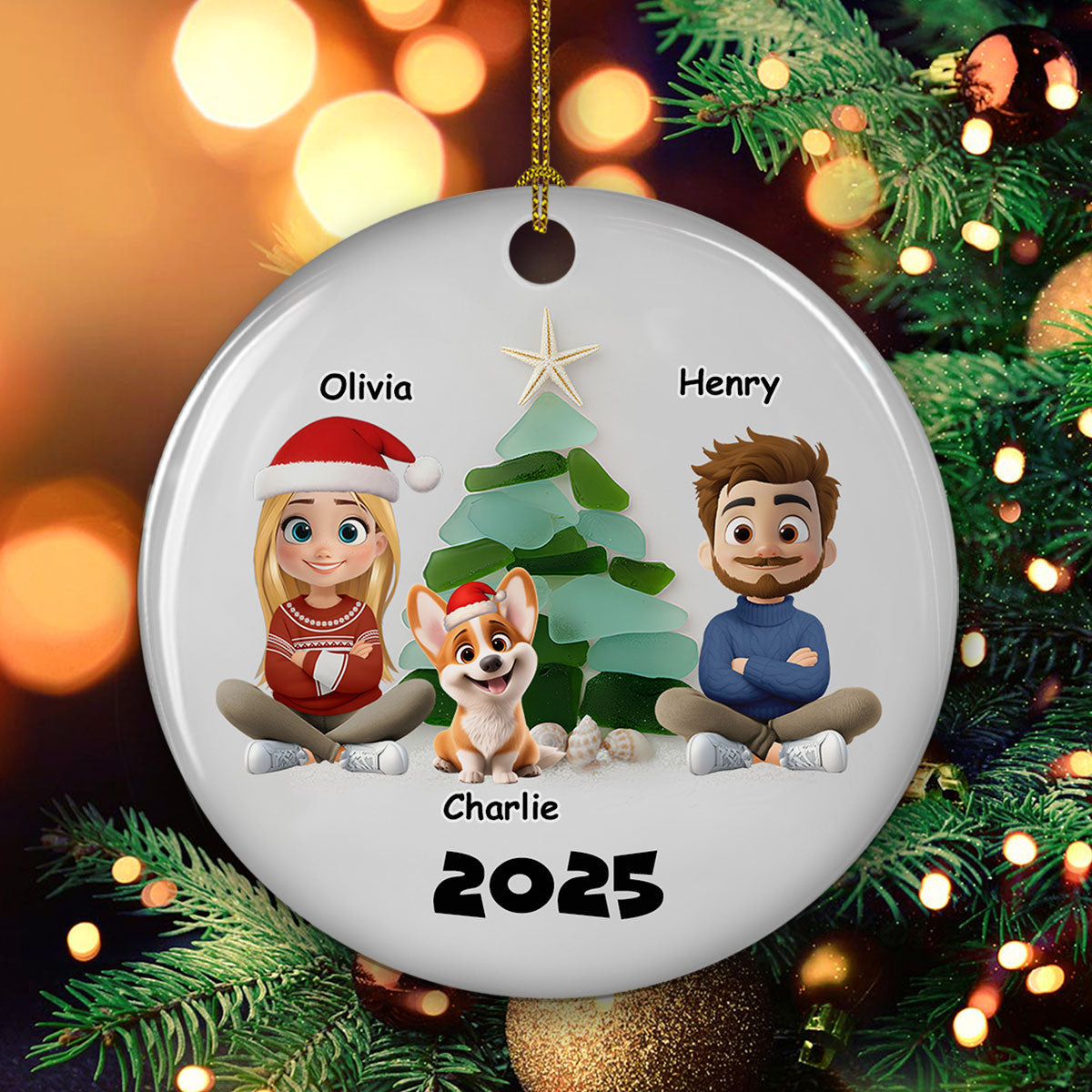 Custom Family Ornament, Christmas Gift for Family Members •  Family Sea Glass Christmas Tree - Personalized Ceramic Ornament