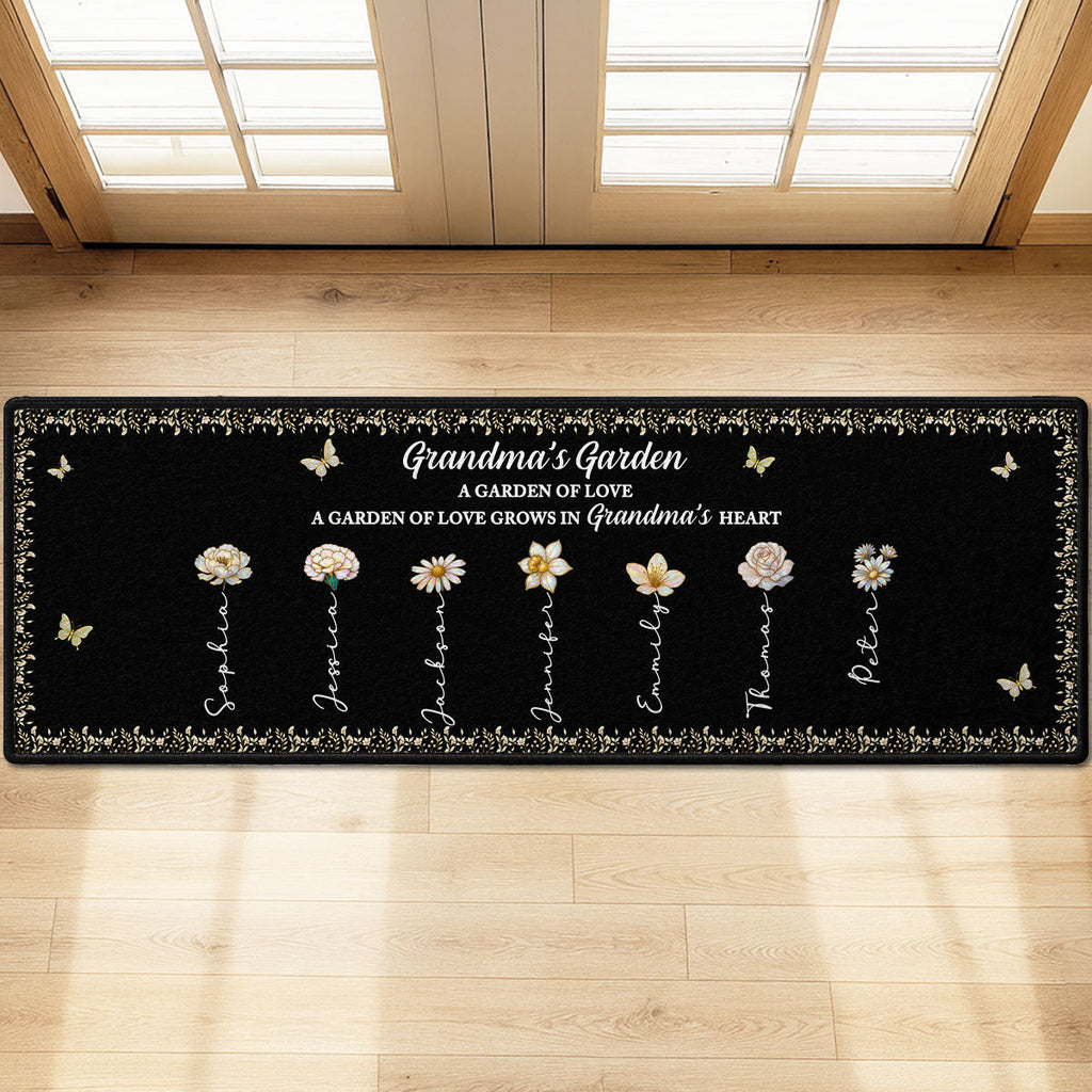 Custom Family Name Rug, Housewarming Birthday Gift For Grandma Grandparents • Grandma's Garden - Personalized Runner Rug