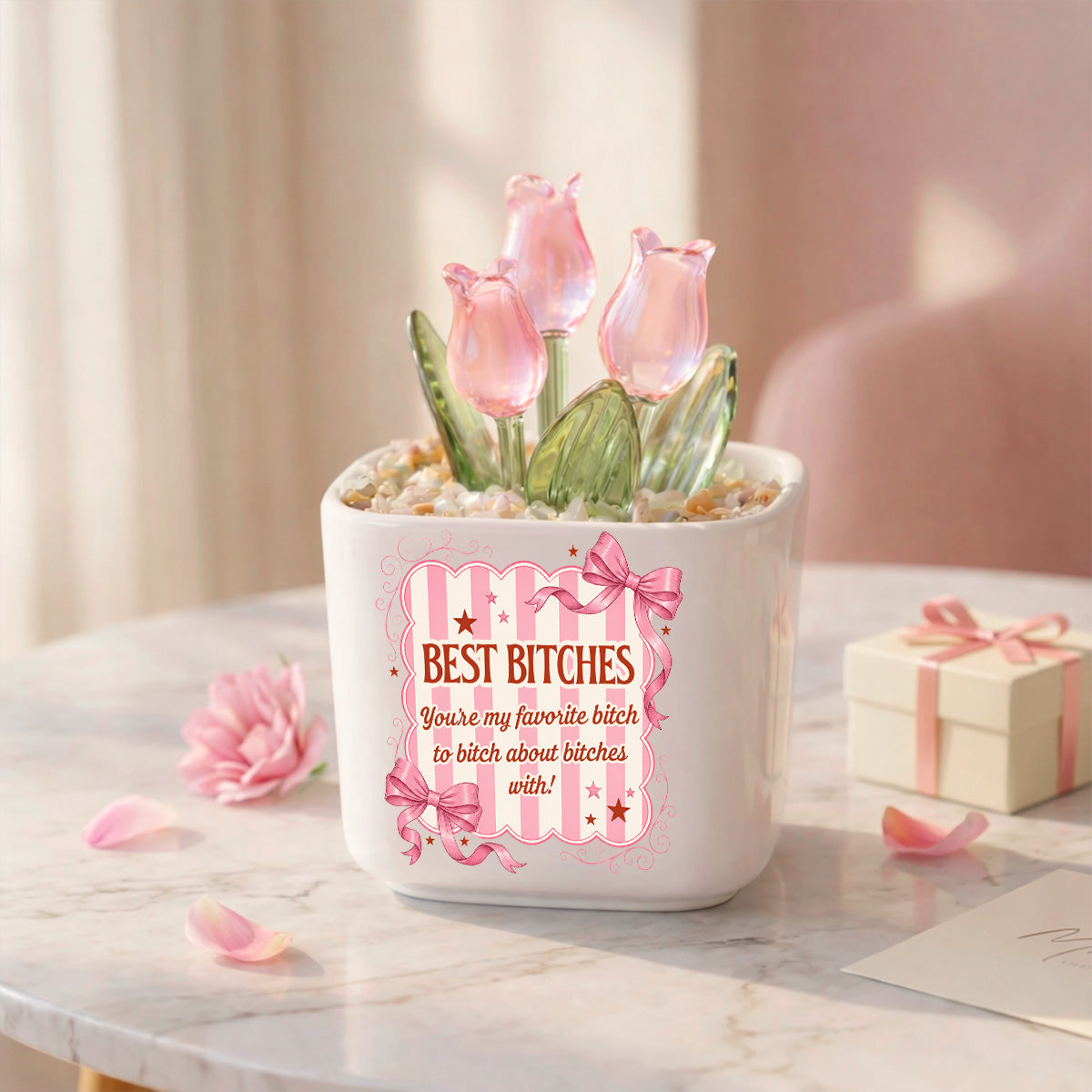 Custom Flower Keepsake, Glass Home Decor Gift for Best Friend • Drama Queens - Personalized Glass Everlasting Tulips