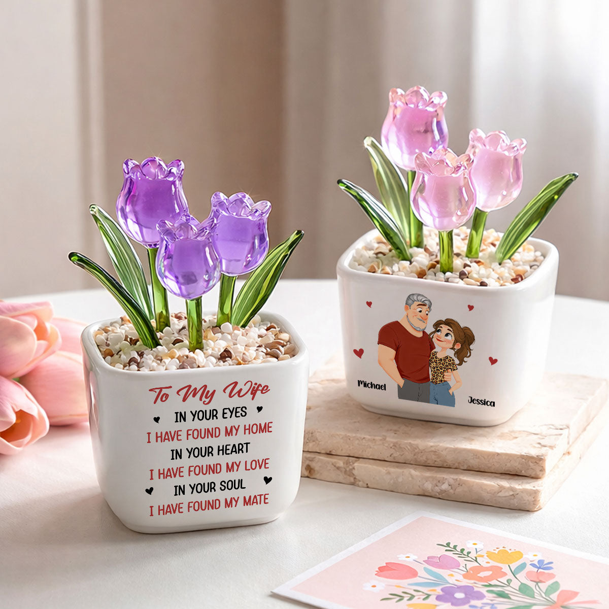 Custom Glass Flower Keepsake, Romantic Anniversary Gift for Wife • I Found You - Personalized Glass Everlasting Tulips