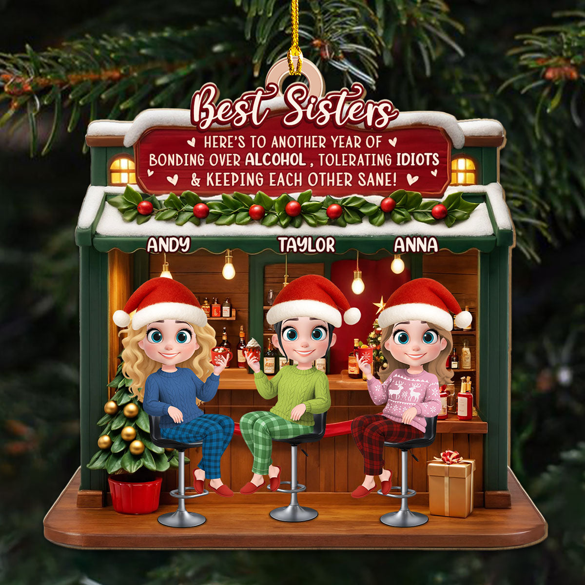 Custom Friendship Christmas Ornament, Best Friend Gift •  Bonded By Laughs And Wine - Personalized 3D Effect Wood Ornament