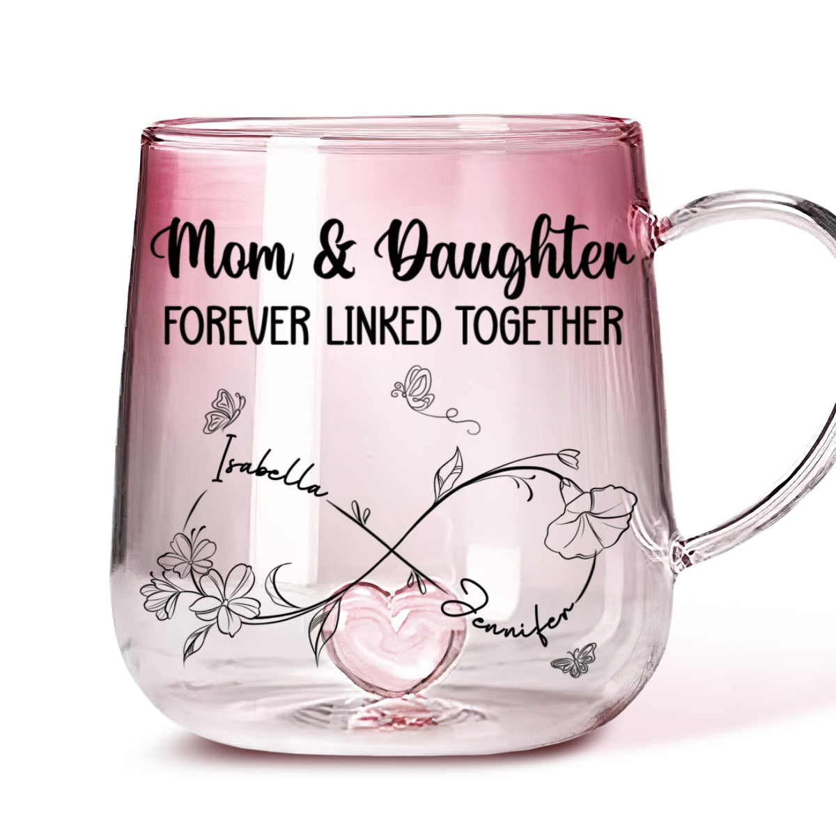 Custom Mother's Day Gift for Mom & Grandma • Mom And Daughter Forever Linked Together - Personalized Pink Gradient Glass Mug
