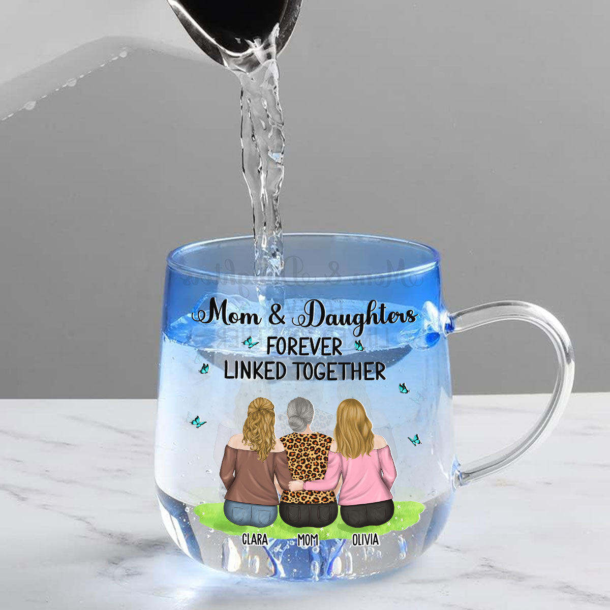Custom Mother's Day Gift for Mom & Grandma • Mother And Daughter Linked Forever - Personalized Blue Gradient Glass Mug