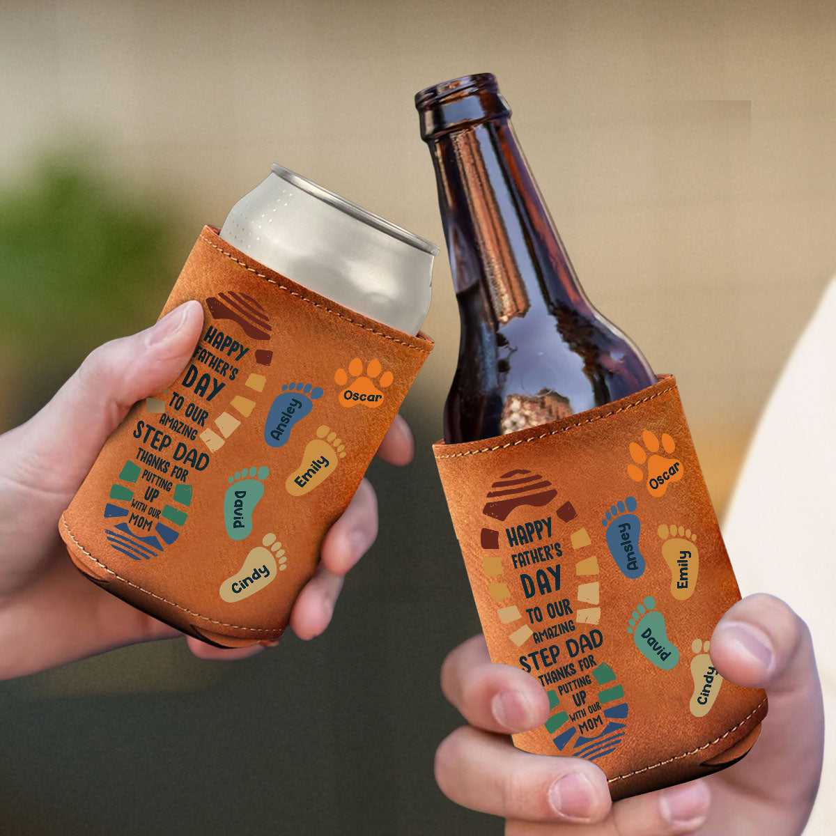 Amazing Step Dad - Personalized Leather Can Cooler Holder