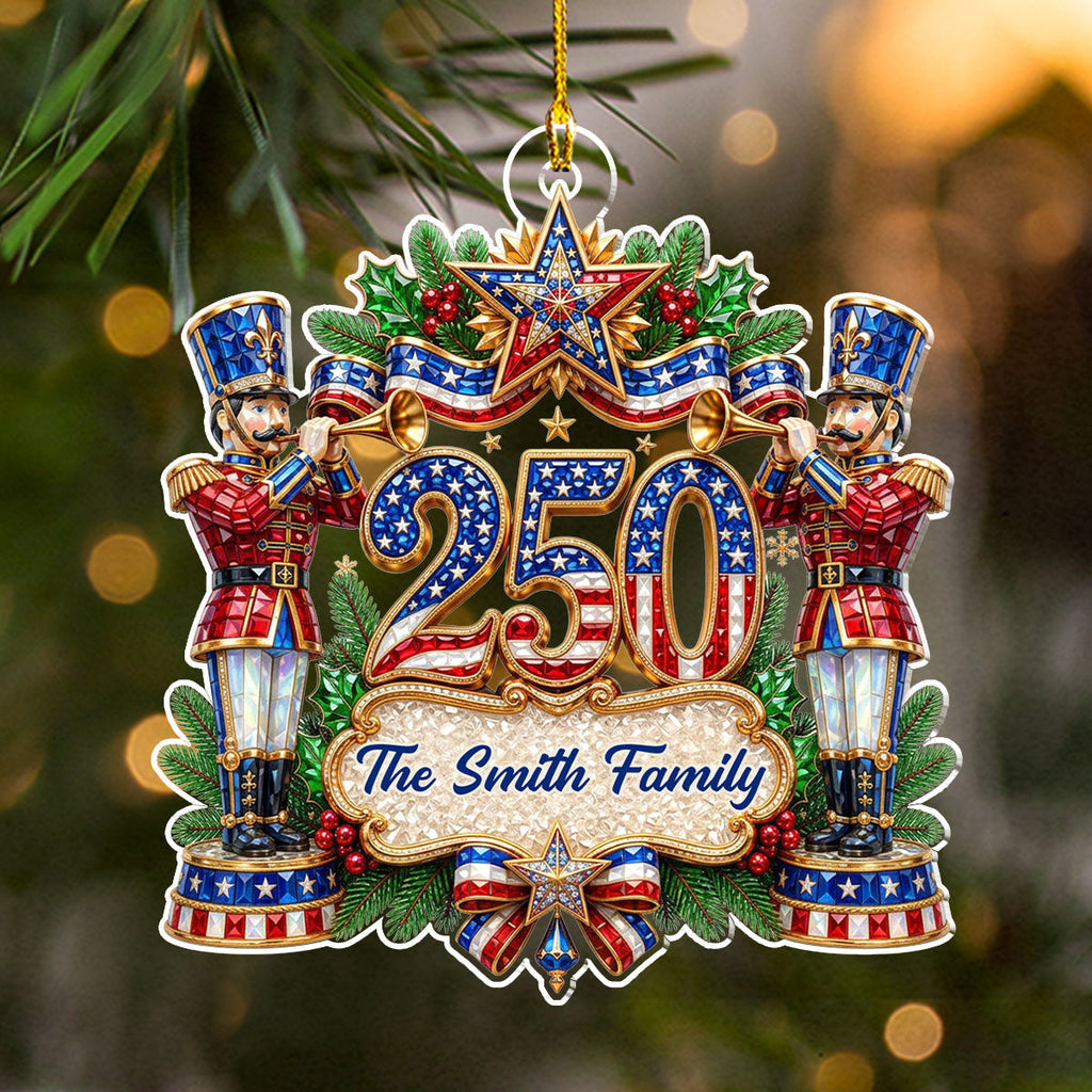 Custom Patriotic Christmas Ornament for Family, 250th Anniversary • Our Christmas Celebration - Personalized 3D Effect Acrylic Ornament