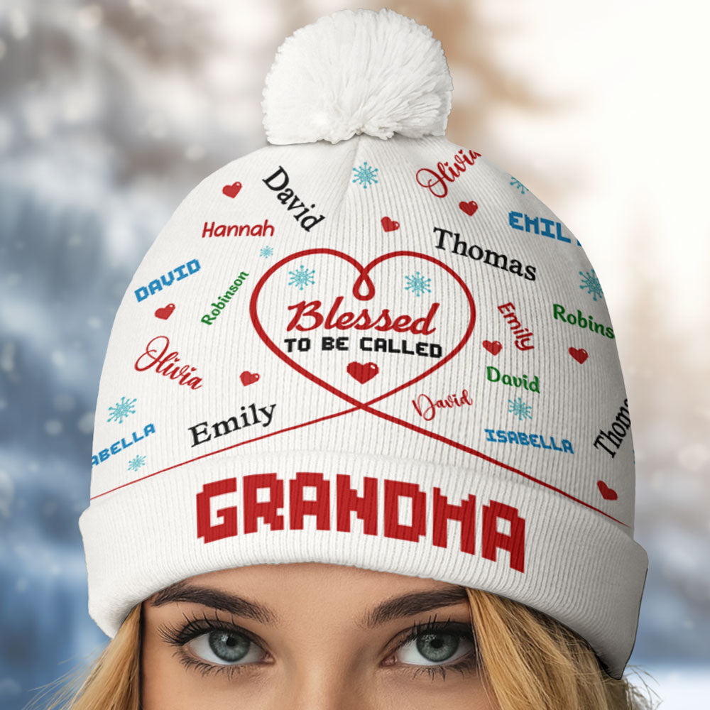 Custom Name Grandma Christmas Winter Hat • Blessed To Be Called Grandma - Personalized Bobble Beanie Hat