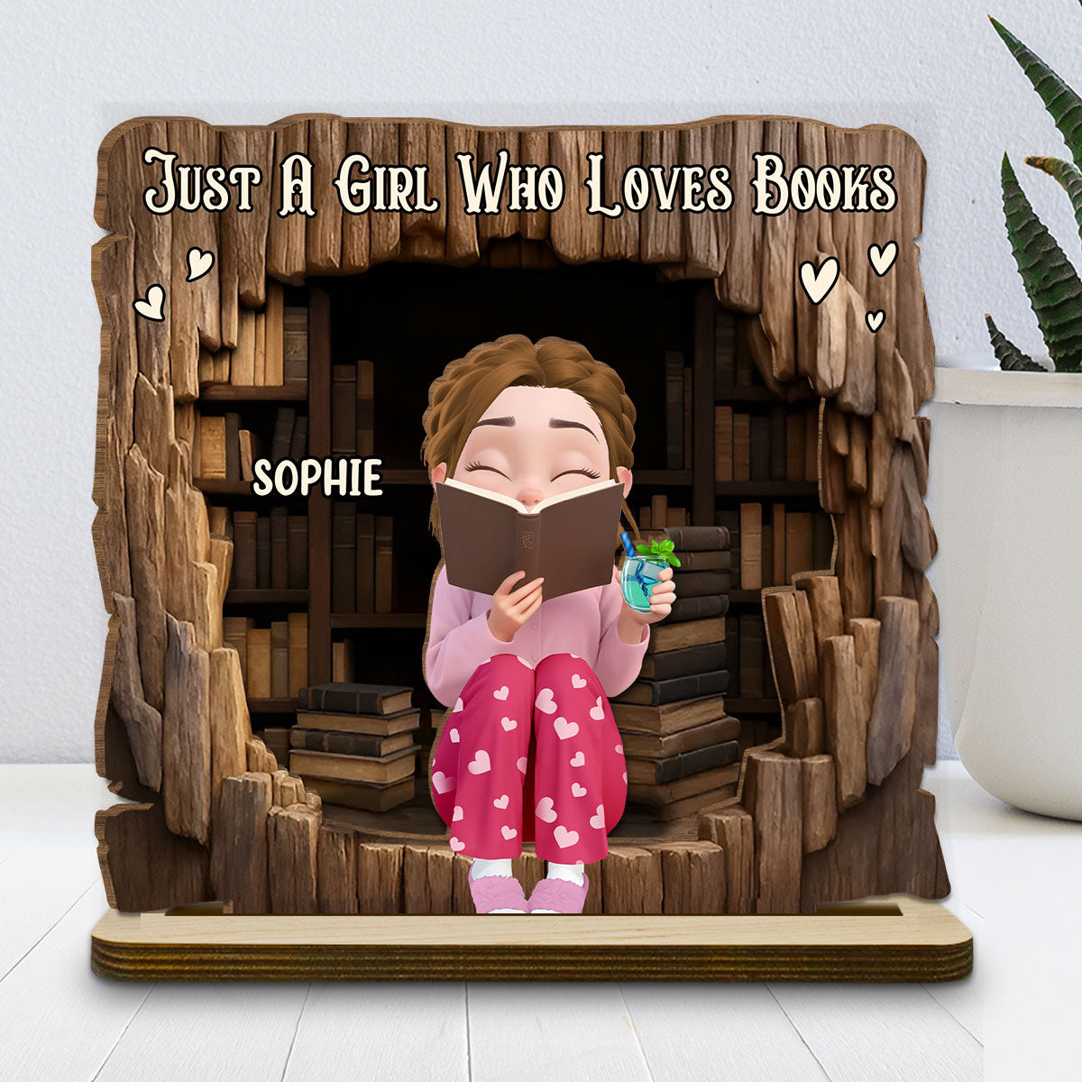 Custom Christmas Book Nook Decor For Bookworms, Book Lovers, Readers • Just A Girl Who Loves Book - Personalized 2-Layer Wood Plaque With Flat Base