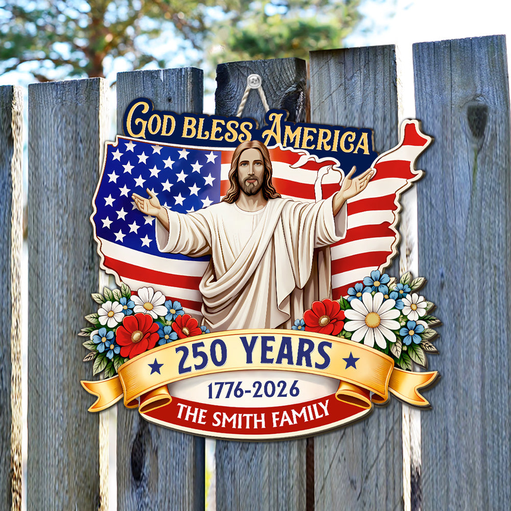 Custom Family Patriotic Hanging Decor, 4th of July • God Bless America - Personalized Wood Sign
