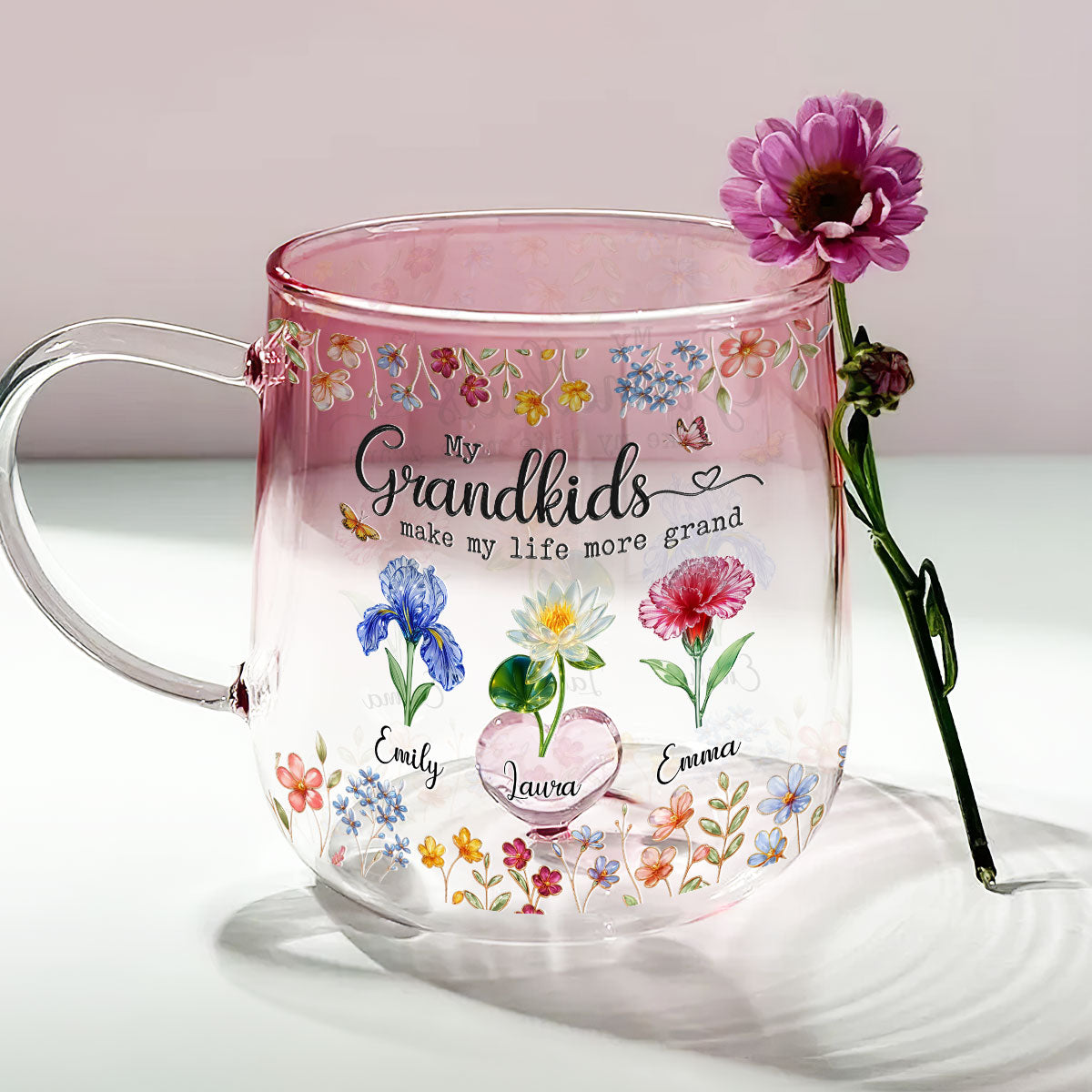 Custom Christmas & Birthday Gift For Grandma • Make Life More Grand With Lovely Kids - Personalized 3D Inflated Effect Pink Gradient Glass Mug