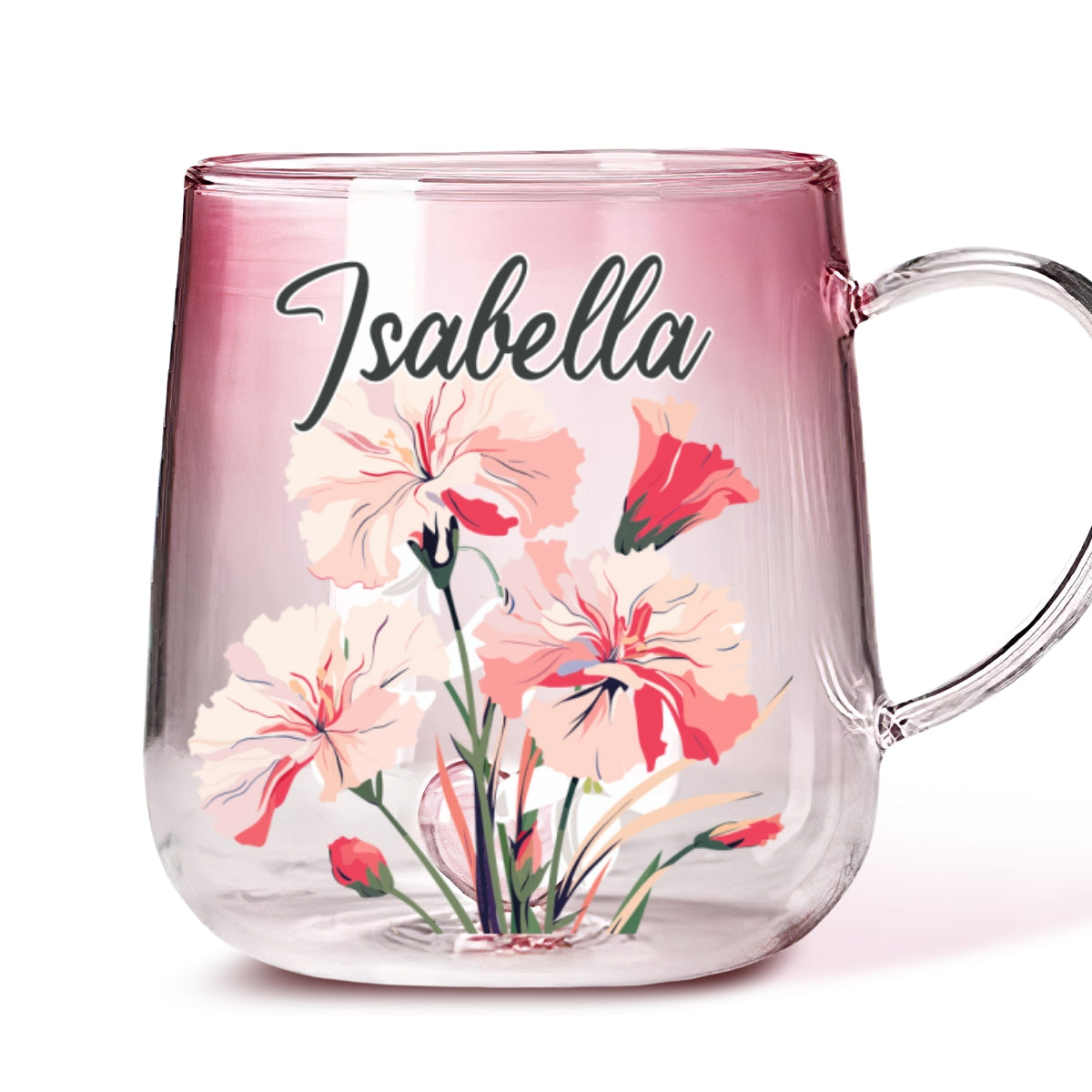 Custom Christmas & Birthday Keepsake Gift • Name Birth Month Flowers - Personalized Pink Gradient Glass Mug
