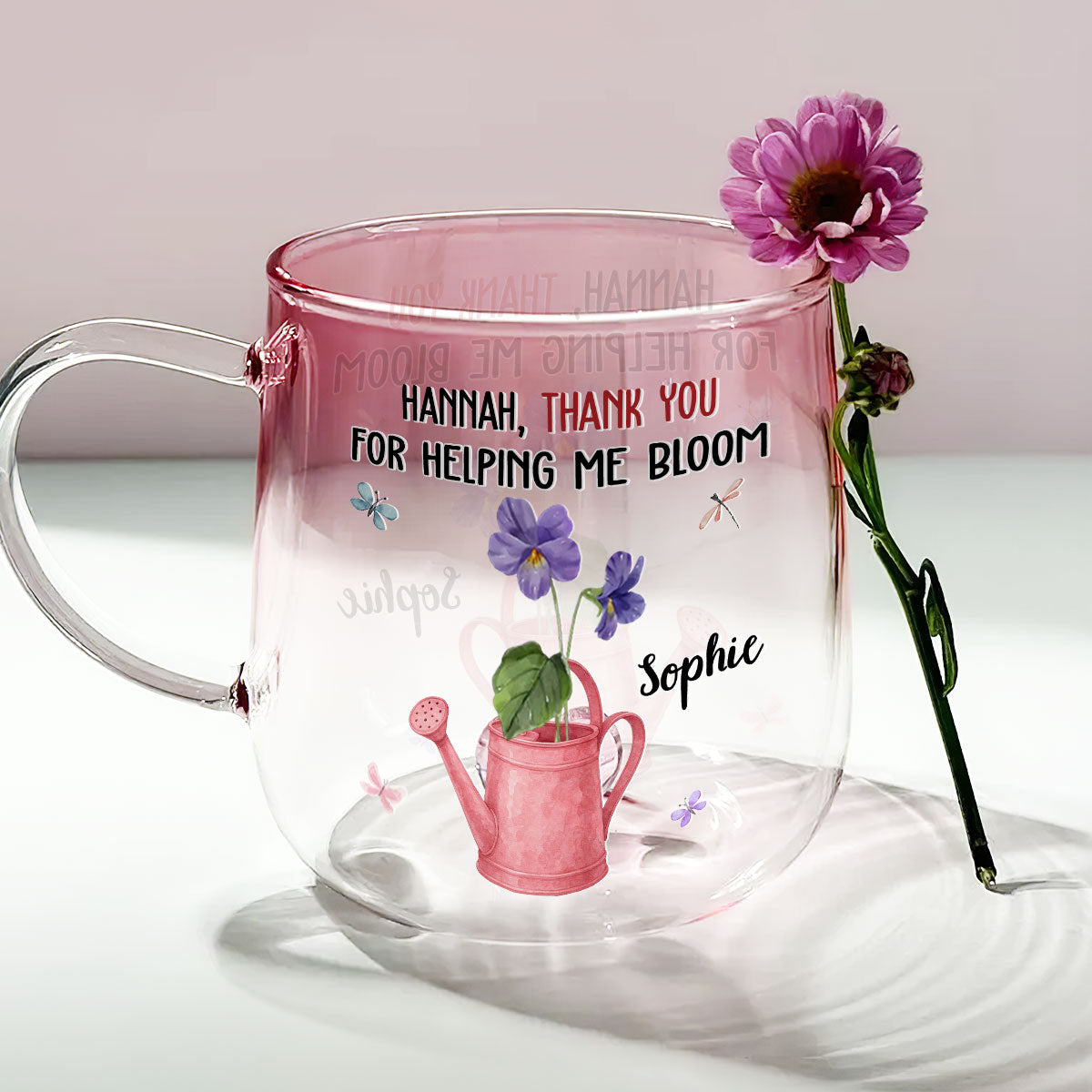 Custom Best Friend, Christmas & Birthday Friendship Keepsake Gift • Thank You For Helping Me Bloom - Personalized Pink Gradient Glass Mug