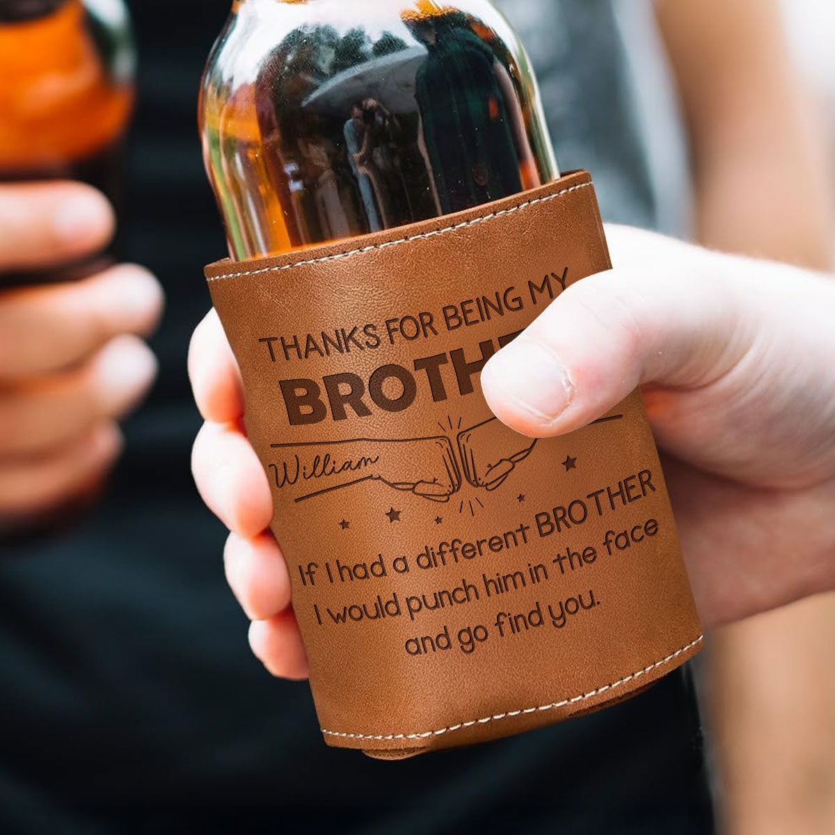 Thanks For Being My Brother - Personalized Engraved Leather Can Cooler Holder