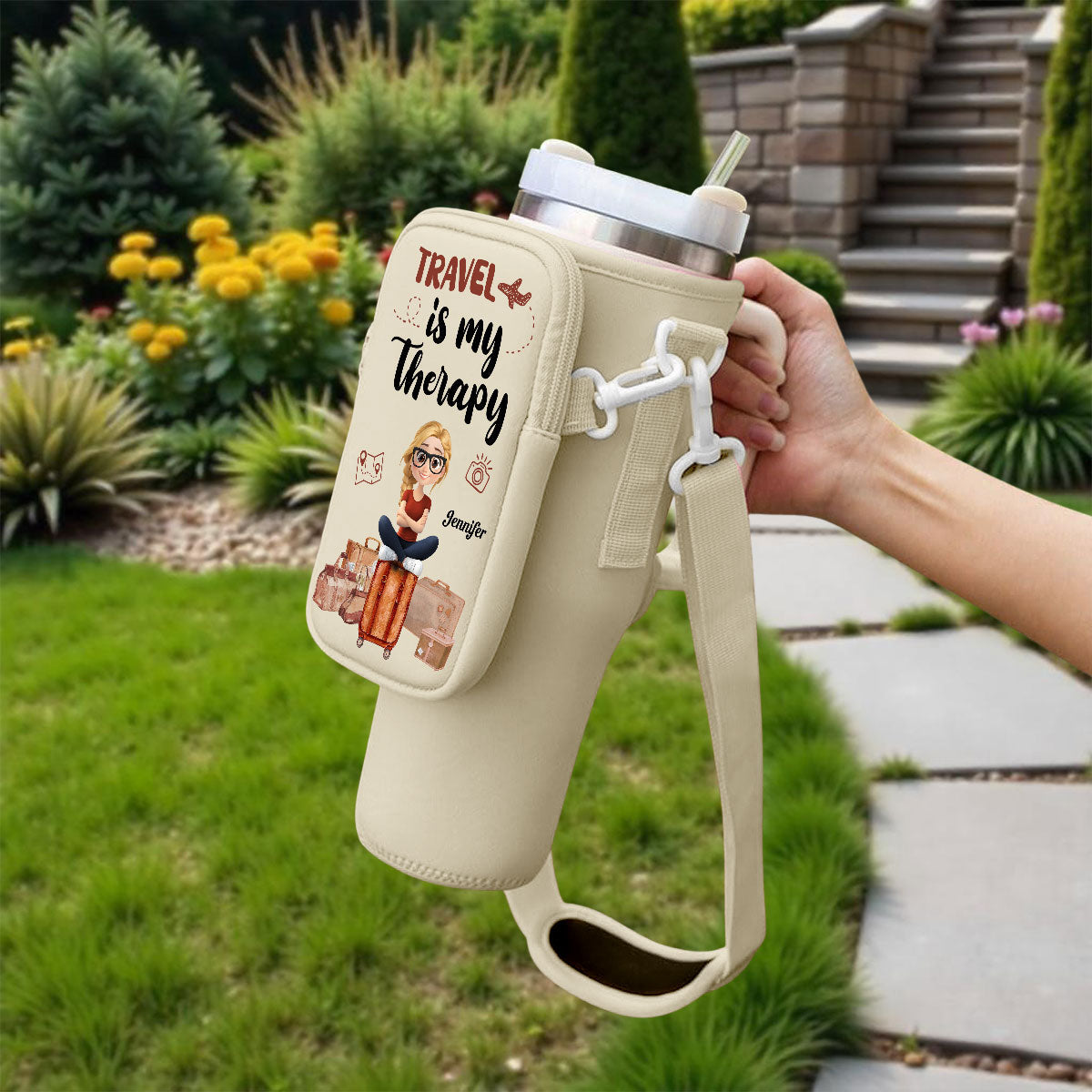 Travel Is My Therapy - Personalized 40oz Water Bottle Carrier Bag