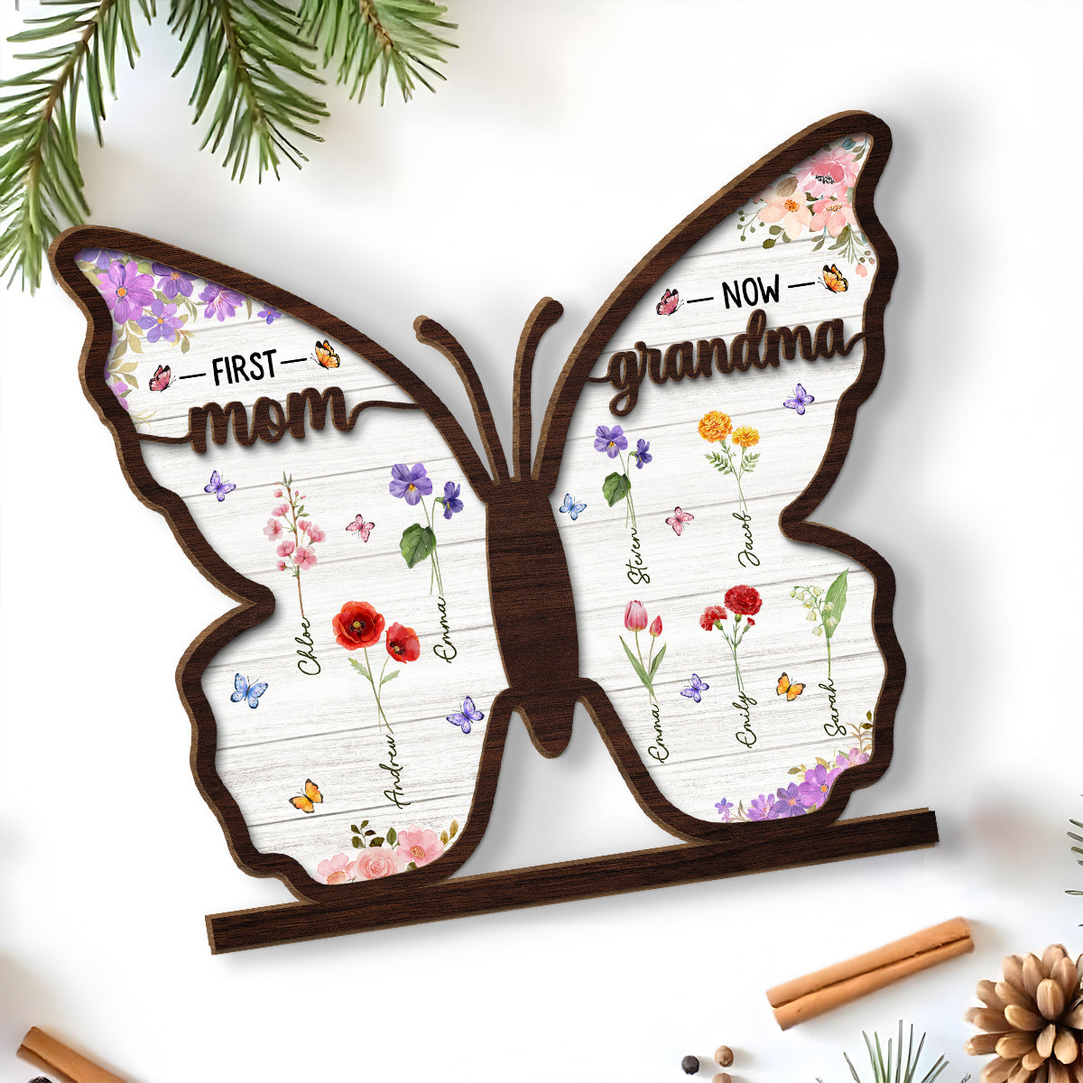 Custom Mother's Day Decor, Gift for Mom & Grandma • First Mom Now Grandma Butterfly - Personalized 2-Layer Wood Plaque With Flat Base