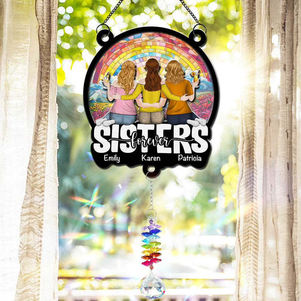 Custom Family Name Hanging Decor, Christmas Birthday Gift •  Besties Sitting Together - Personalized Suncatcher With Crystal Rainbow Charm