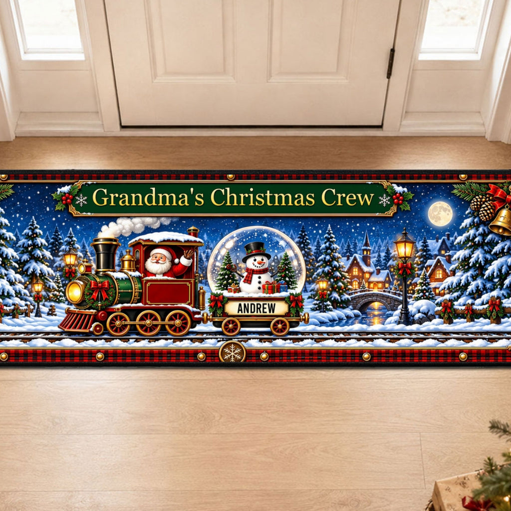 Custom Family Name Rug, Housewarming Birthday Gift For Family Members • Snow Globe Christmas Crew - Personalized Runner Rug