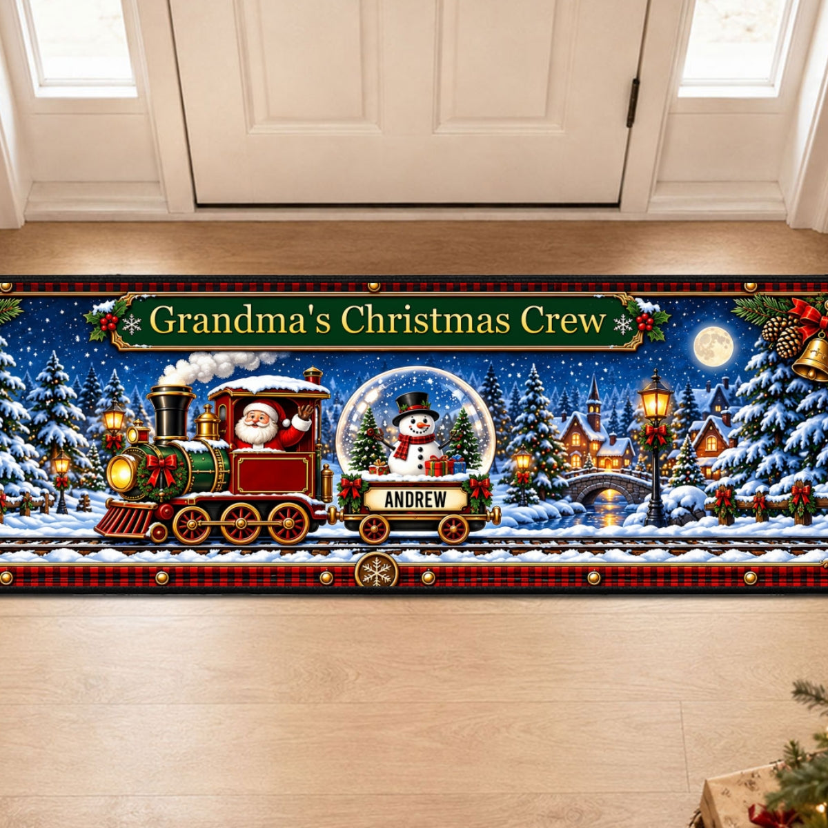 Custom Family Name Rug, Housewarming Birthday Gift For Family Members • Snow Globe Christmas Crew - Personalized Runner Rug