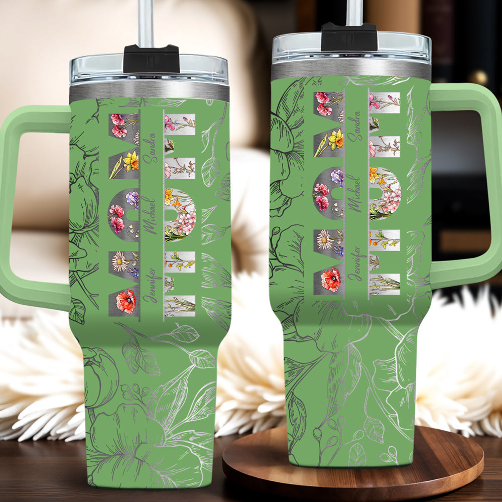 Custom Mother's Day Birthday Gifts For Mom • Floral Mom - Personalized Engraved 40oz Tumbler With Handle