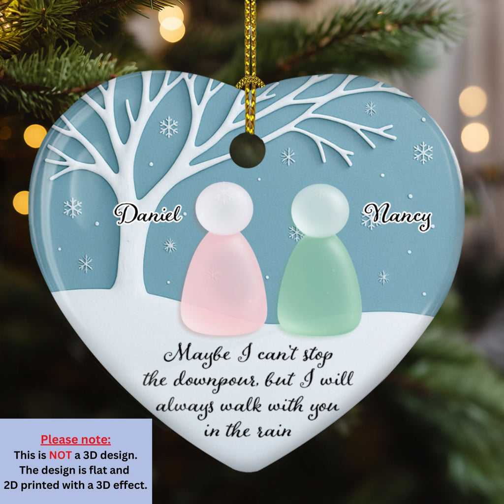 Custom Friendship Christmas Ornament, Best Friend Gift •  Walk With You In The Rain Sea Glass - Personalized 3D Effect Heart Ceramic Ornament