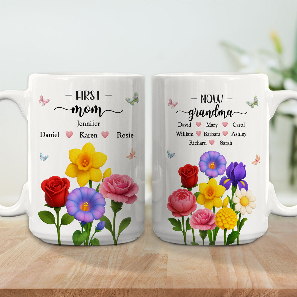 Custom Christmas & Birthday Gift For Grandma • First Mom Now Grandma Floral - Personalized Coffee Mug