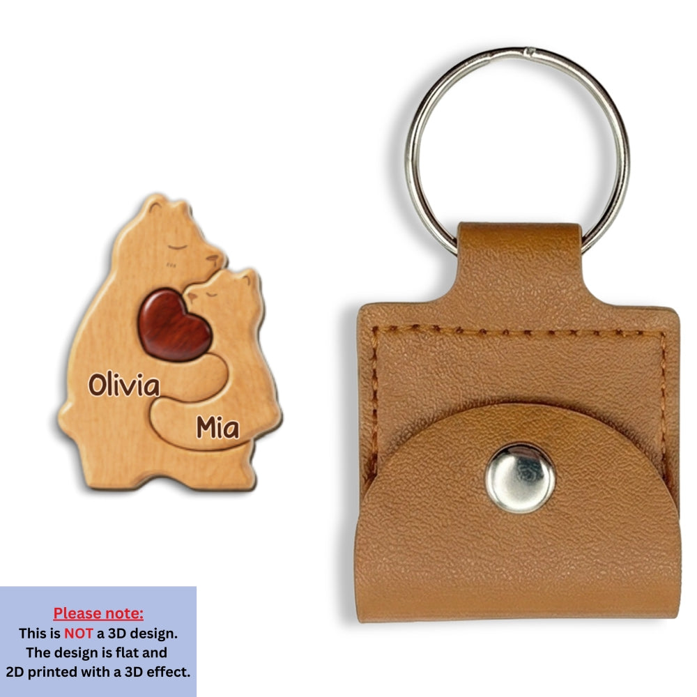 Custom Coin Keychain for Wife, Mother's Day, Anniversary Gifts • Bear Mom - Personalized 3D Effect Wooden Pocket Hug