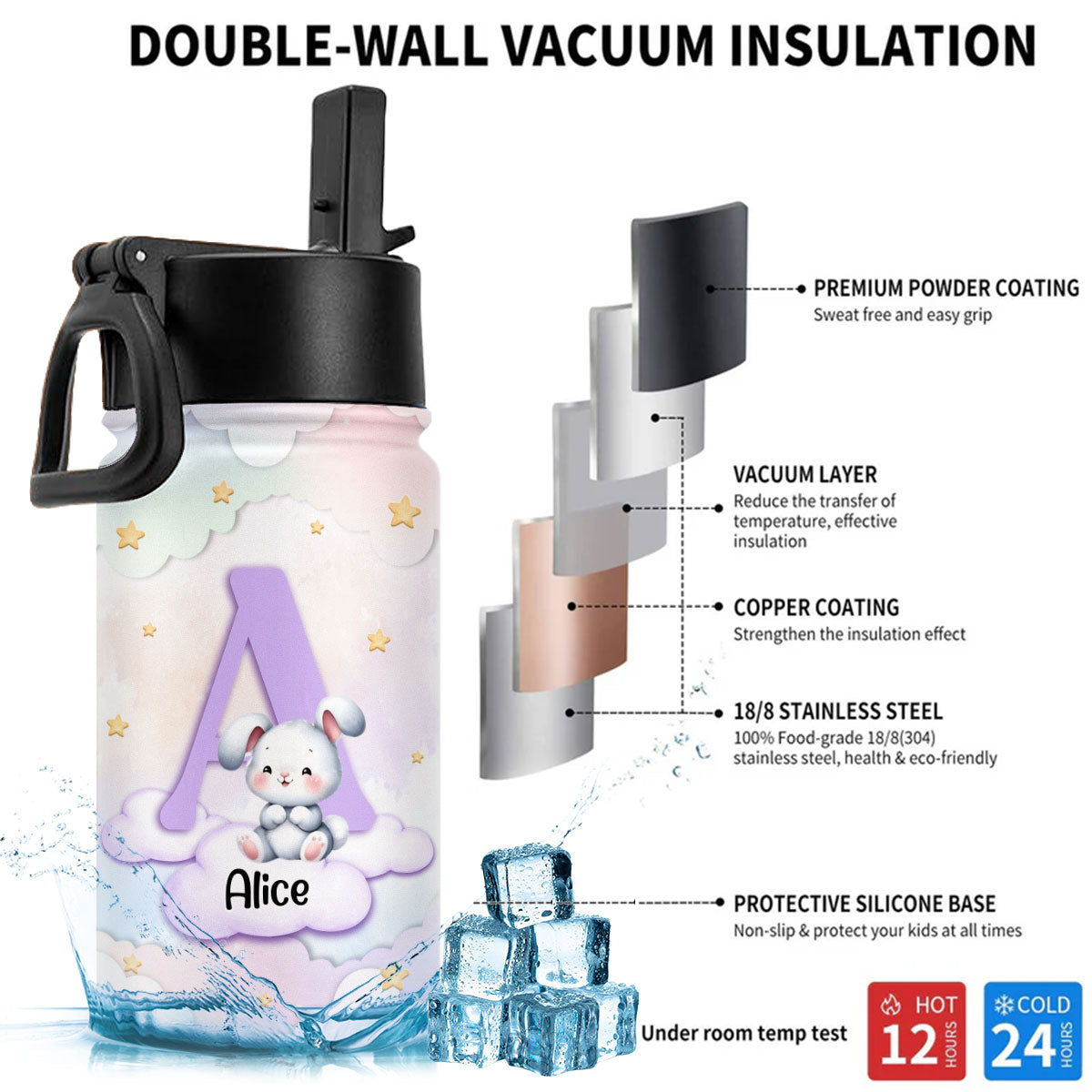 Cute Cartoon Rabbit - Personalized Kids Water Bottle