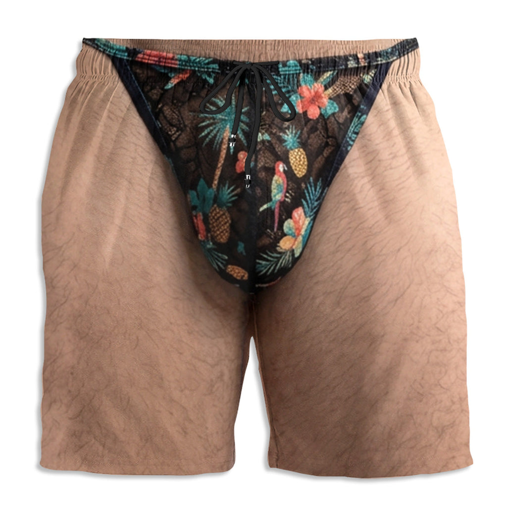 Custom Funny Hairy Man Swim Trunks, Birthday Summer Gift • Tropical Vibes - Personalized Beach Shorts