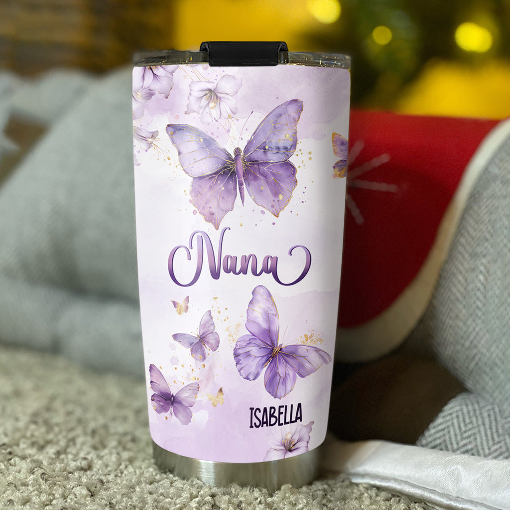 Custom Christmas Birthday Gifts For Grandma • Grandma Purple Butterfly With Flower - Personalized Tumbler